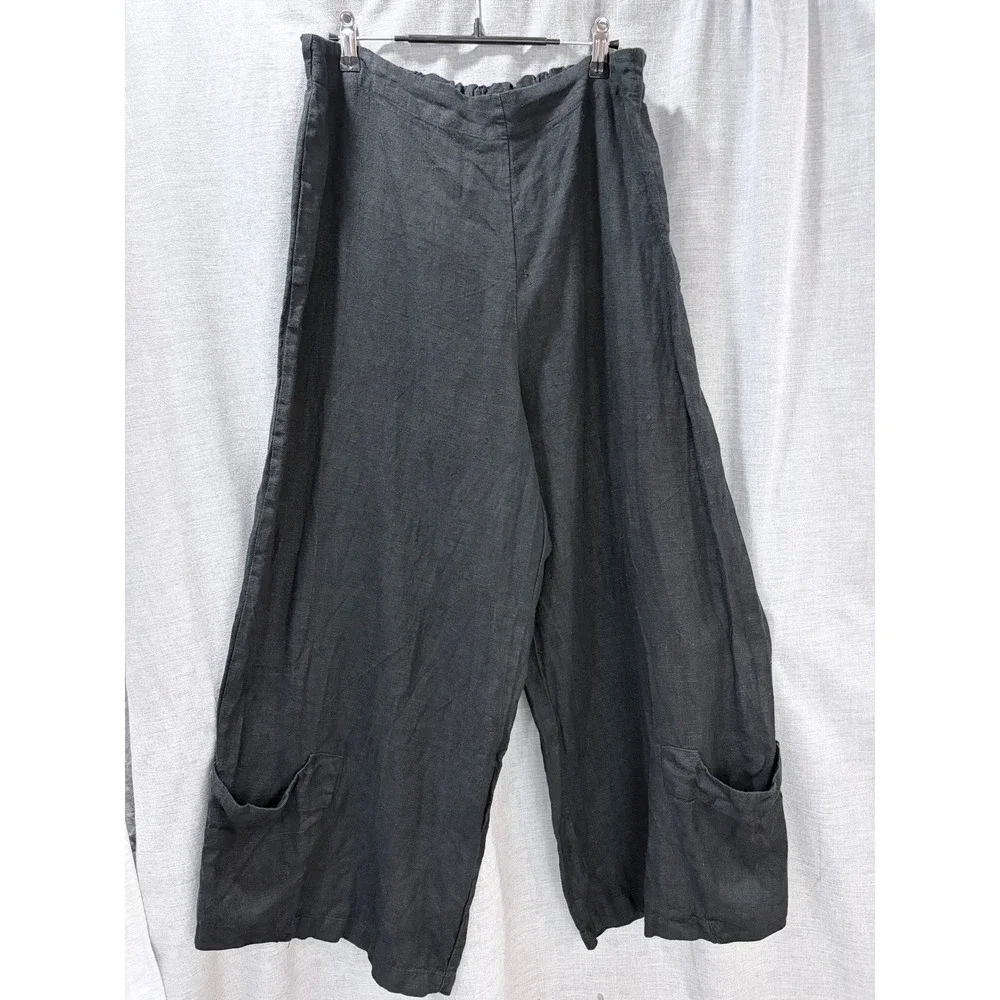 Bryn Walker Black Linen Wide Leg Cropped Pants Ankle Pockets Button Detail L USA - Picture 2 of 15